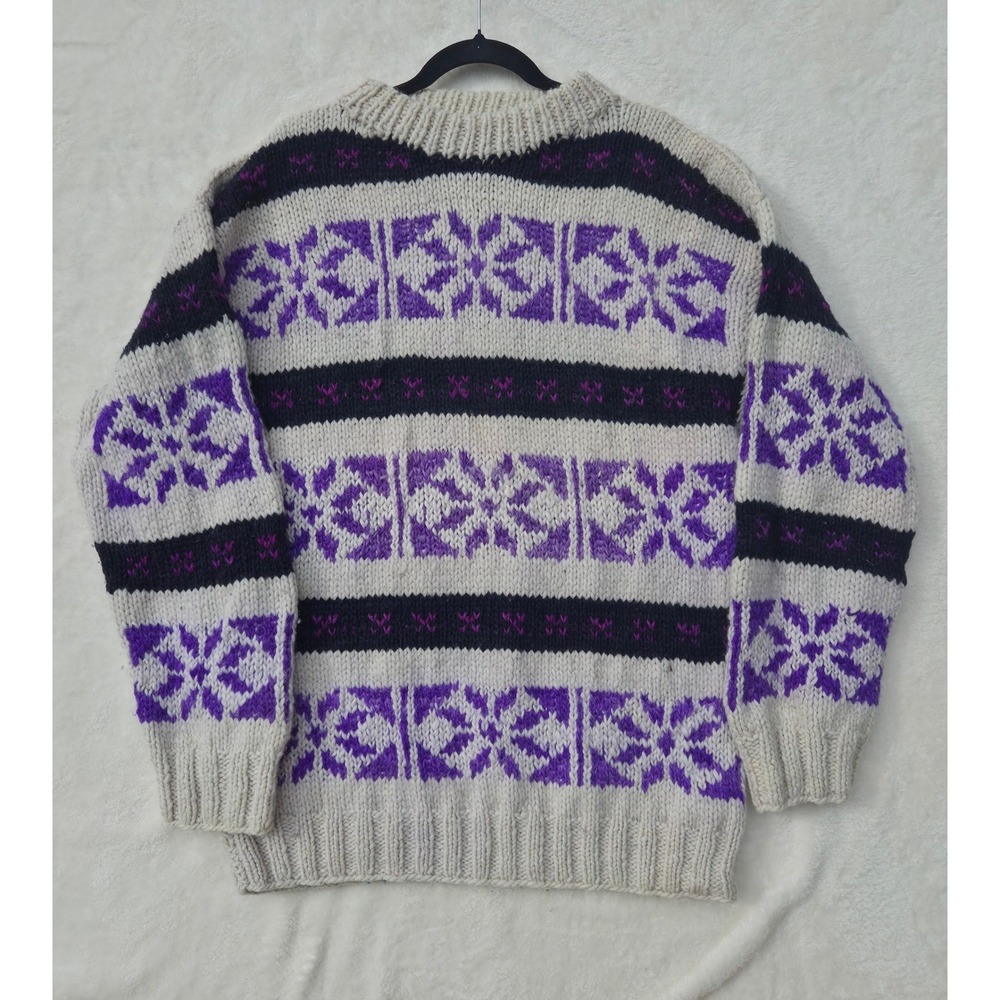 VIntage Hand Knits 100% Alpaca Wool Snowflake Sweater CHunky Cream Purple XL/L